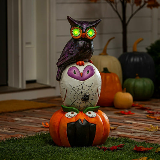 Plow & Hearth Stacked Owl and Jack O'Lantern Pumpkin LED Statue, 24"H
