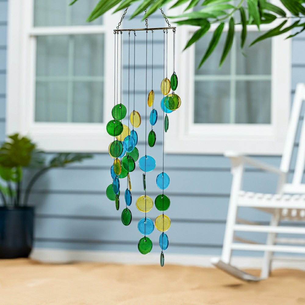 Plow & Hearth Blue Coastal Wind Chime, Glass & Metal, Hanging Circles