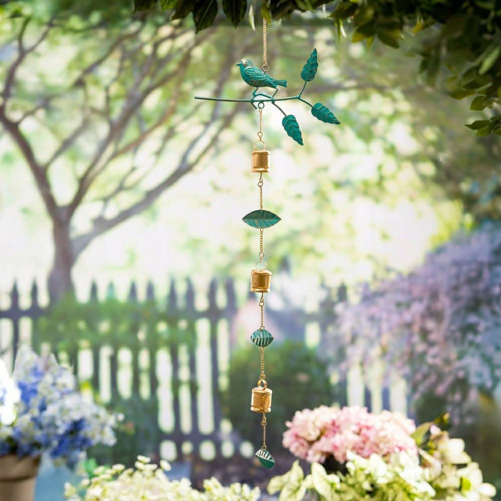 Plow & Hearth What She Shed Outdoor Hanging Décor, Metal Bird and Bell, 38"