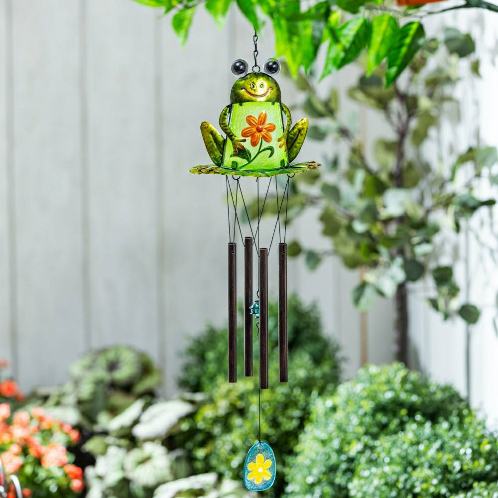 Plow & Hearth Pollinator Garden Wind Chime, Metal & Glass, Frog with Flower