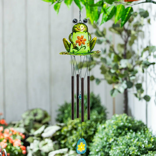 Plow & Hearth Pollinator Garden Wind Chime, Metal & Glass, Frog with Flower