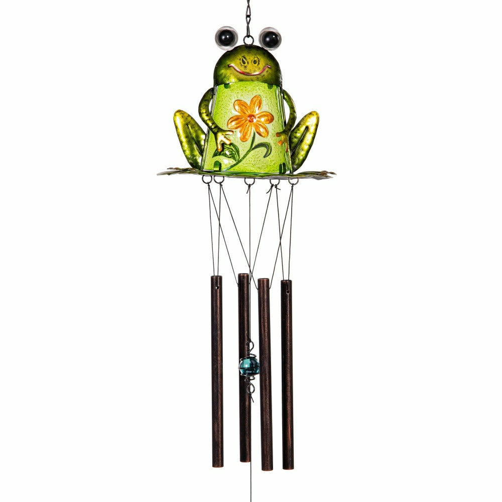 Plow & Hearth Pollinator Garden Wind Chime, Metal & Glass, Frog with Flower