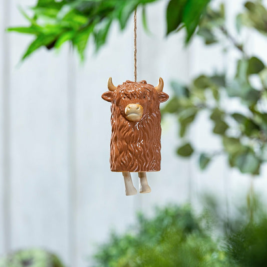 Plow & Hearth Petal & Plow Garden Bell, Ceramic, Highland Cow with Jute Rope