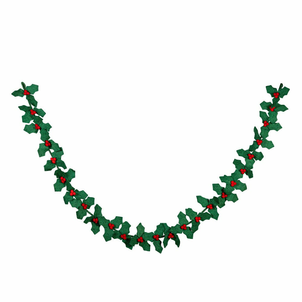 Plow & Hearth Holiday Poinsettia Garland Holly and Berries Fabric, 75"L