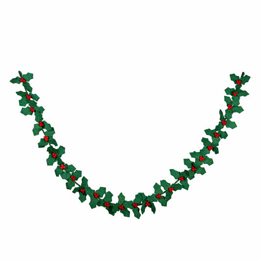Plow & Hearth Holiday Poinsettia Garland Holly and Berries Fabric, 75"L