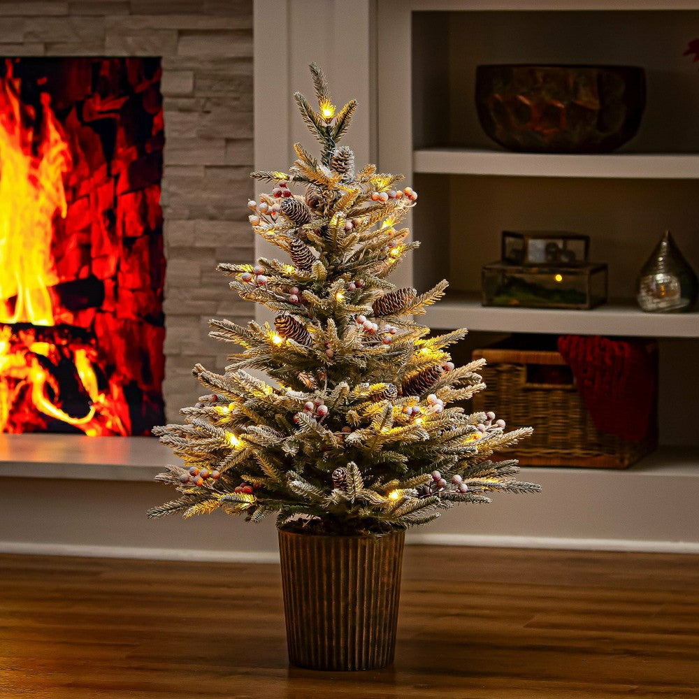 Plow & Hearth Winter Grove Faux Floral Table Decor Artificial Frosted Pine, 35"H