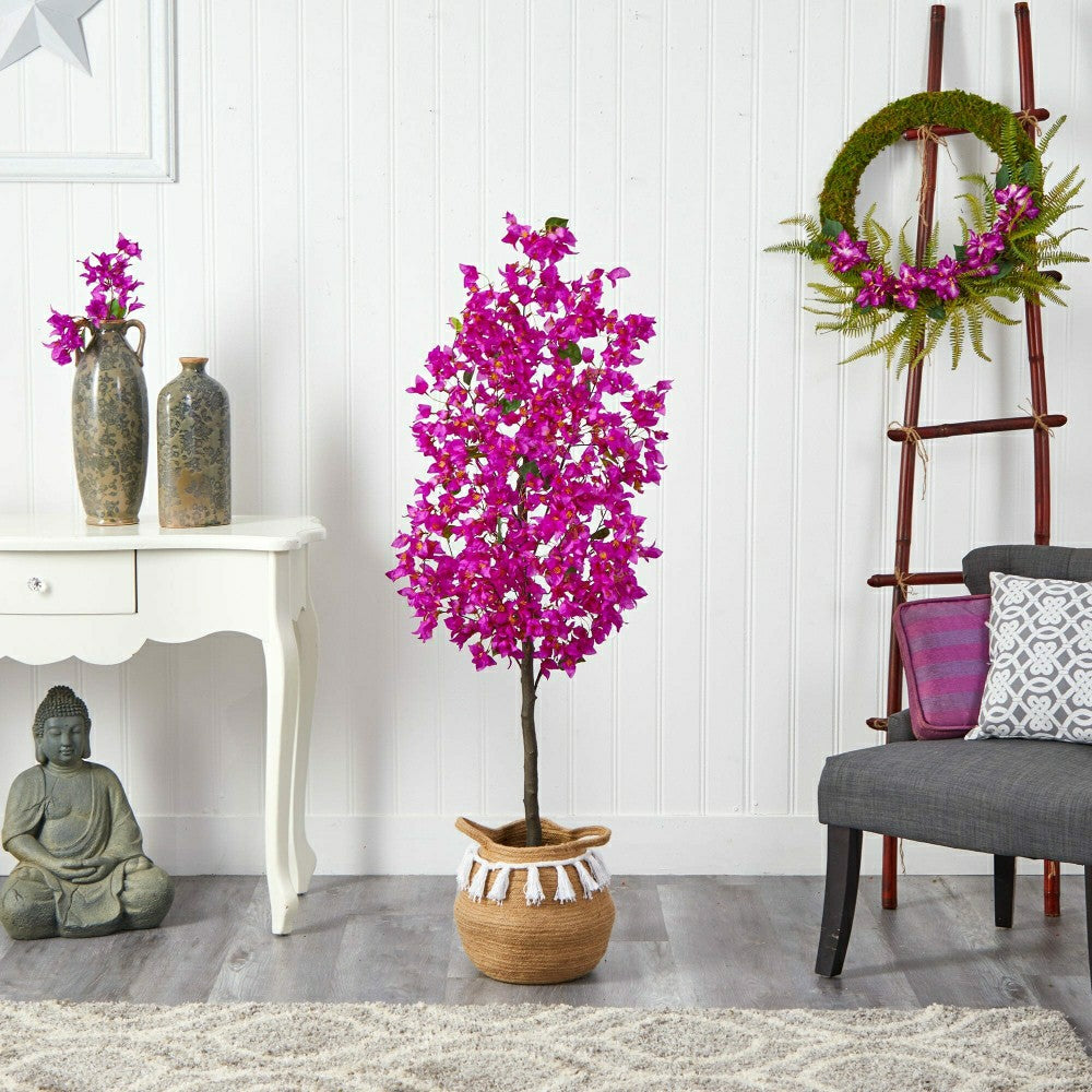 Plow & Hearth Bougainvillea Tree with Jute & Cotton Basket, 5’