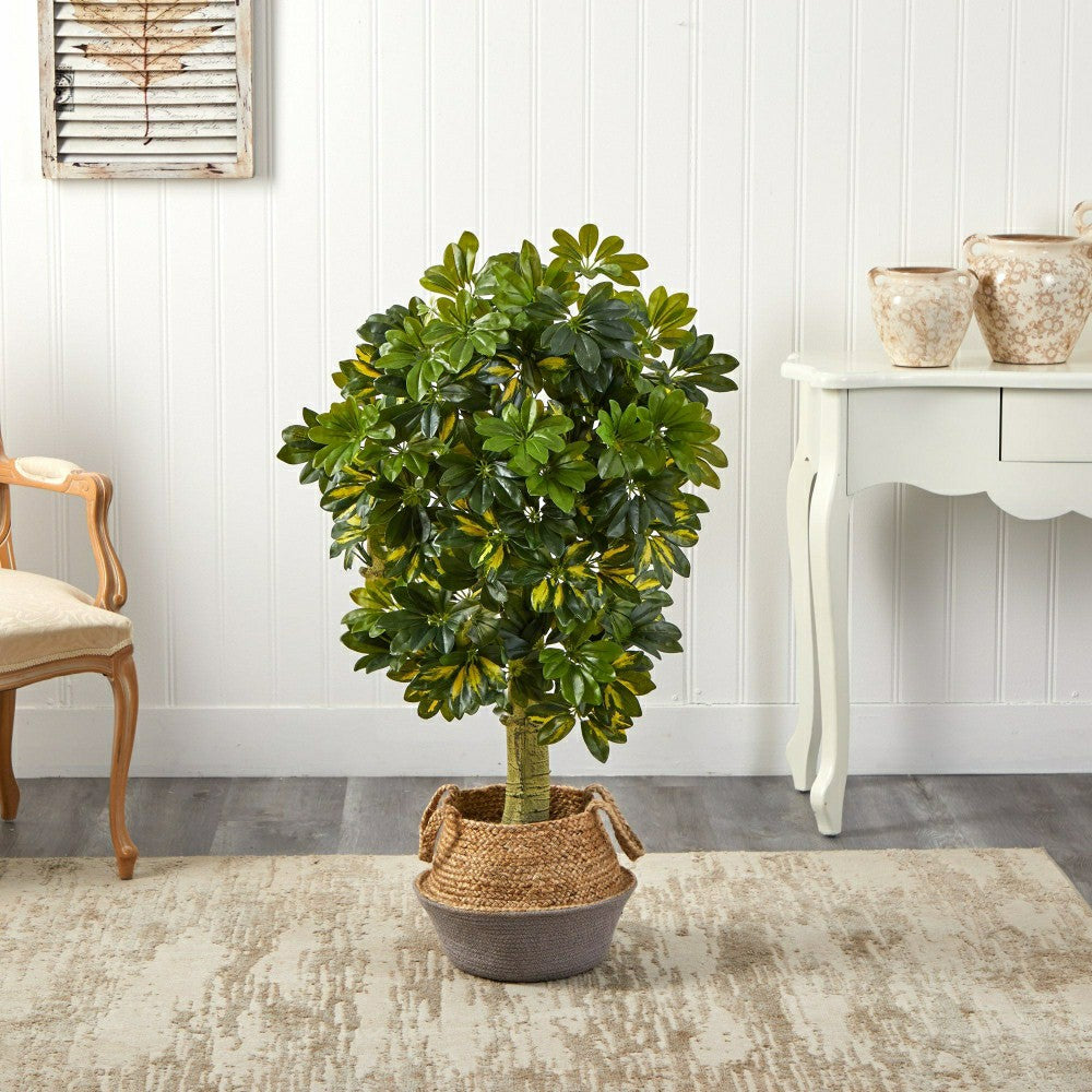 Plow & Hearth Schefflera Artificial Tree in Cotton & Jute Gray Planter, 4’