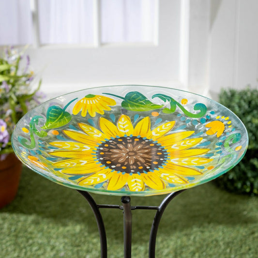 Plow & Hearth Petal & Plow Birdbath, Glass Folk Art Sunflower, 18"
