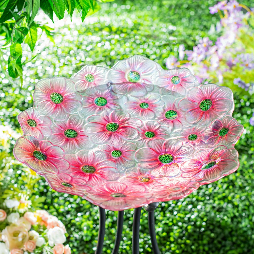 Plow & Hearth What She Shed Birdbath, Scalloped Edge Glass Birdbath, 18"