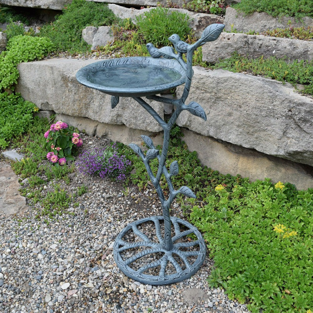 Plow & Hearth Cast Aluminum 33-in Metal Bird Bath with Branch and Two Birds