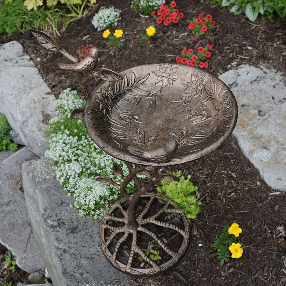 Plow & Hearth Cast Aluminum 33-in Metal Bird Bath with Branch and Two Birds