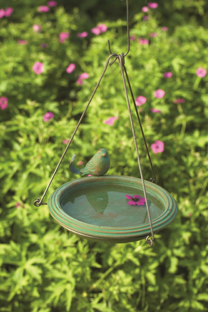 Plow & Hearth Terracotta Teal Round Hanging Bird Bath