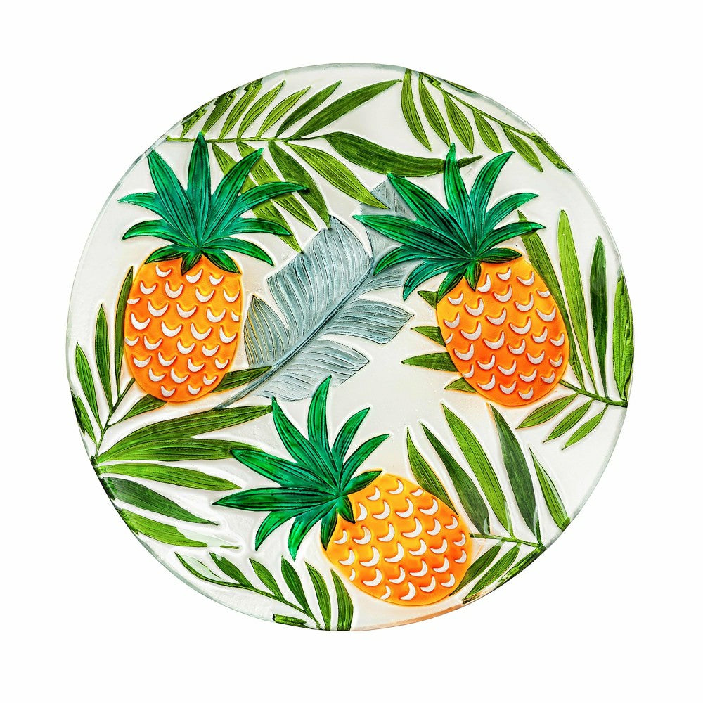 Plow & Hearth 18" Hand Painted Embossed Glass Bird Bath, Tropical Pineapple