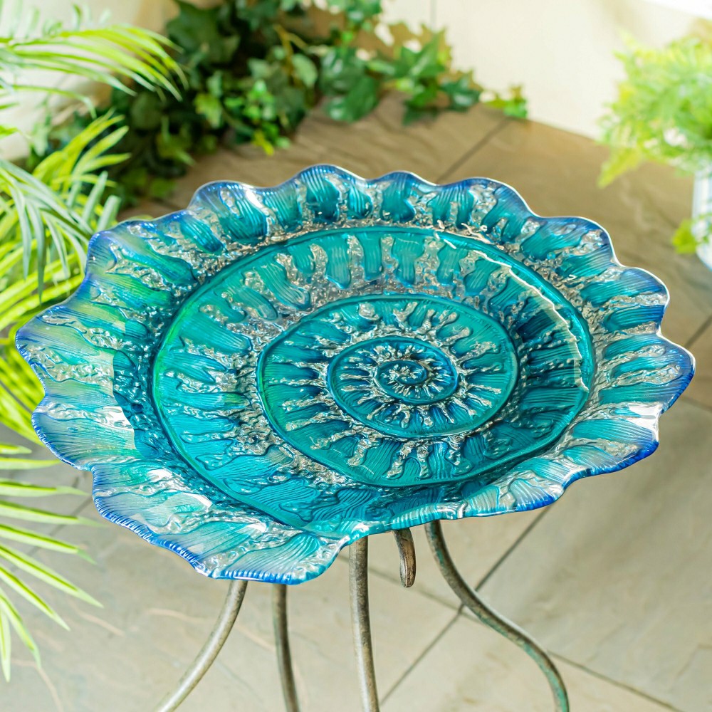 Plow & Hearth Blue Coastal Birdbath, Shell Glass Birdbath, 18"
