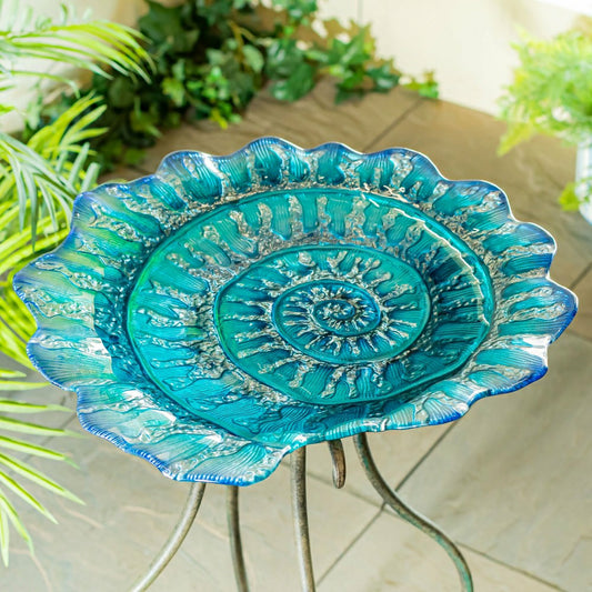 Plow & Hearth Blue Coastal Birdbath, Shell Glass Birdbath, 18"