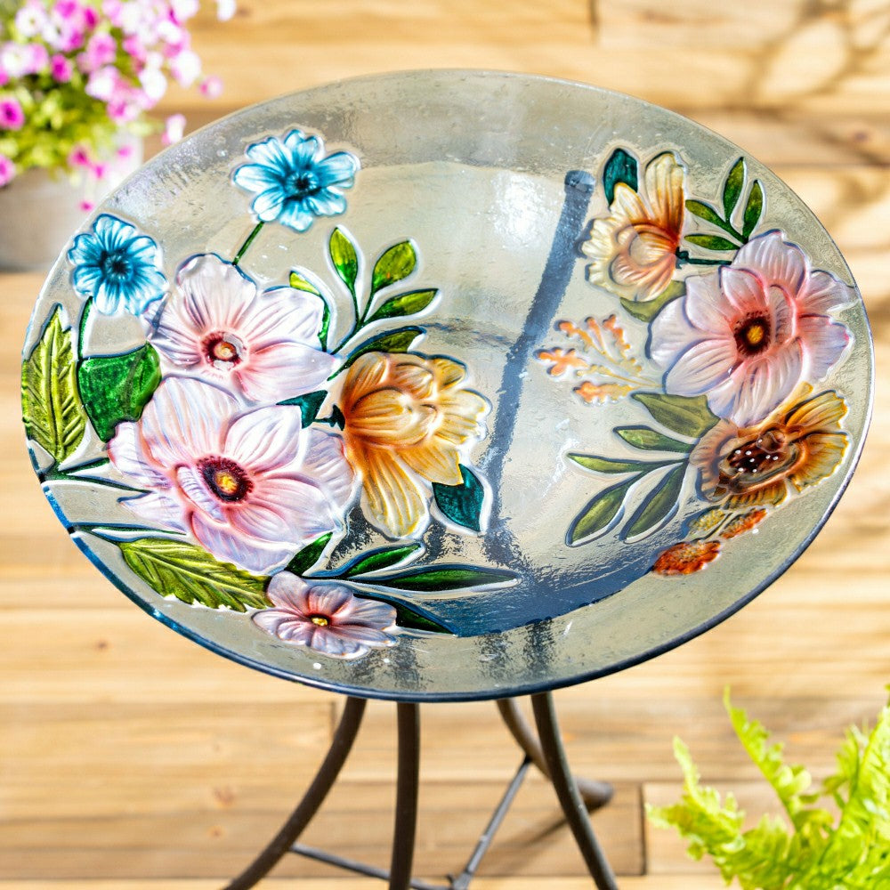 Plow & Hearth Petal and Plow Birdbath, Farmhouse Flowers Glass Birdbath, 18"