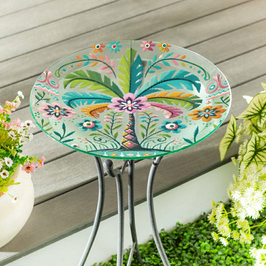 Plow & Hearth Palm Beach Birdbath, Glass Folk Art Palm Tree, 18"
