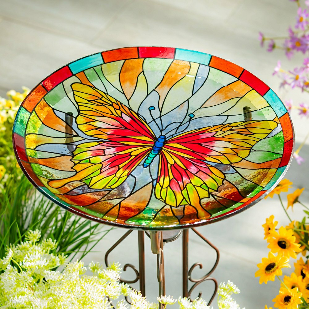 Plow & Hearth Pollinator Garden Birdbath, Stained Glass Butterfly Birdbath, 18"