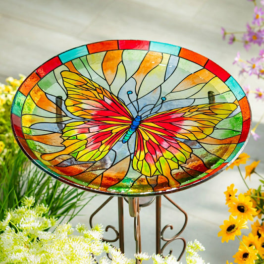 Plow & Hearth Pollinator Garden Birdbath, Stained Glass Butterfly Birdbath, 18"