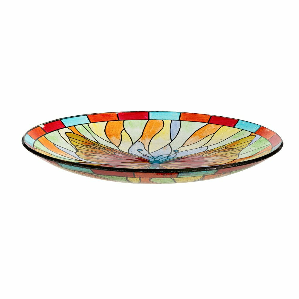 Plow & Hearth Pollinator Garden Birdbath, Stained Glass Butterfly Birdbath, 18"