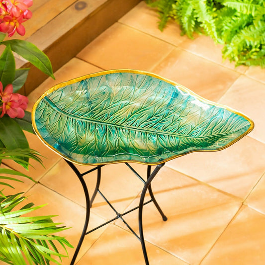 Plow & Hearth Garden of Wonder Birdbath, Fern Leaf Shaped Glass Birdbath, 18"