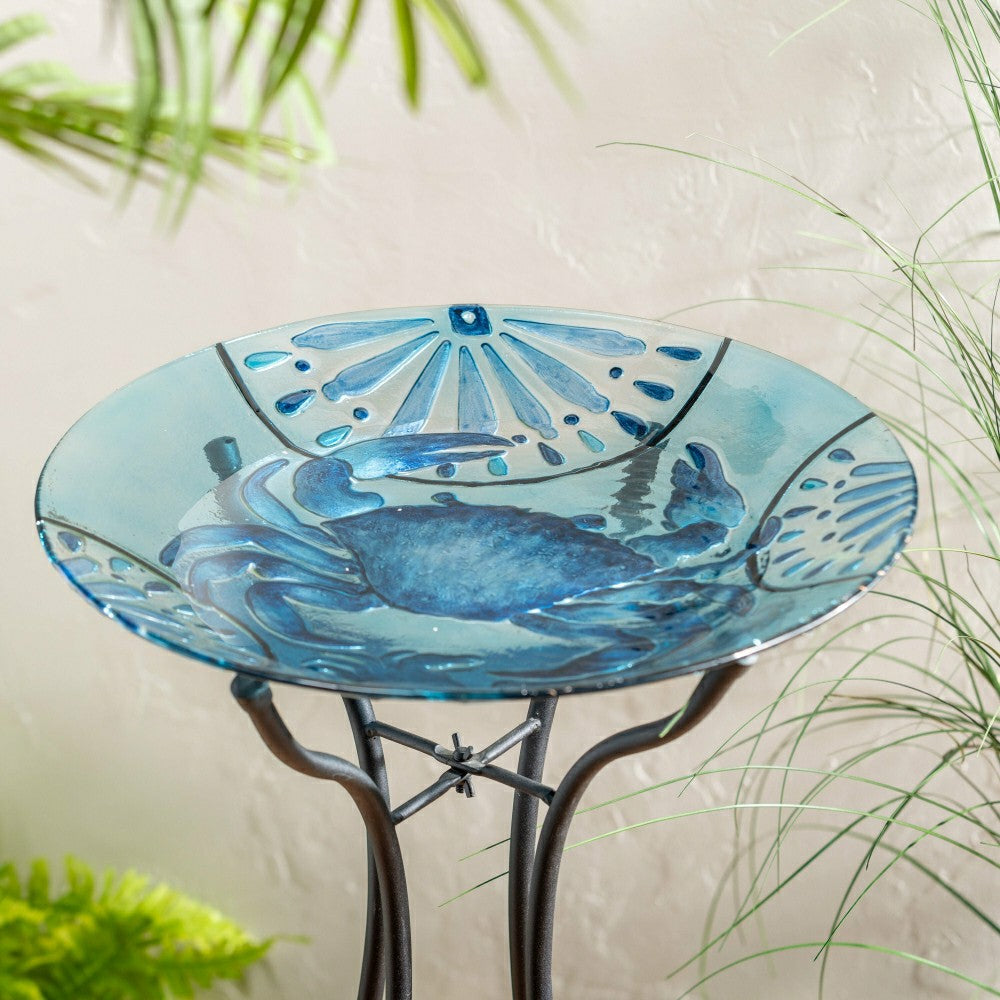 Plow & Hearth Blue Coastal Birdbath. Blue Crab Glass Birdbath, 18"