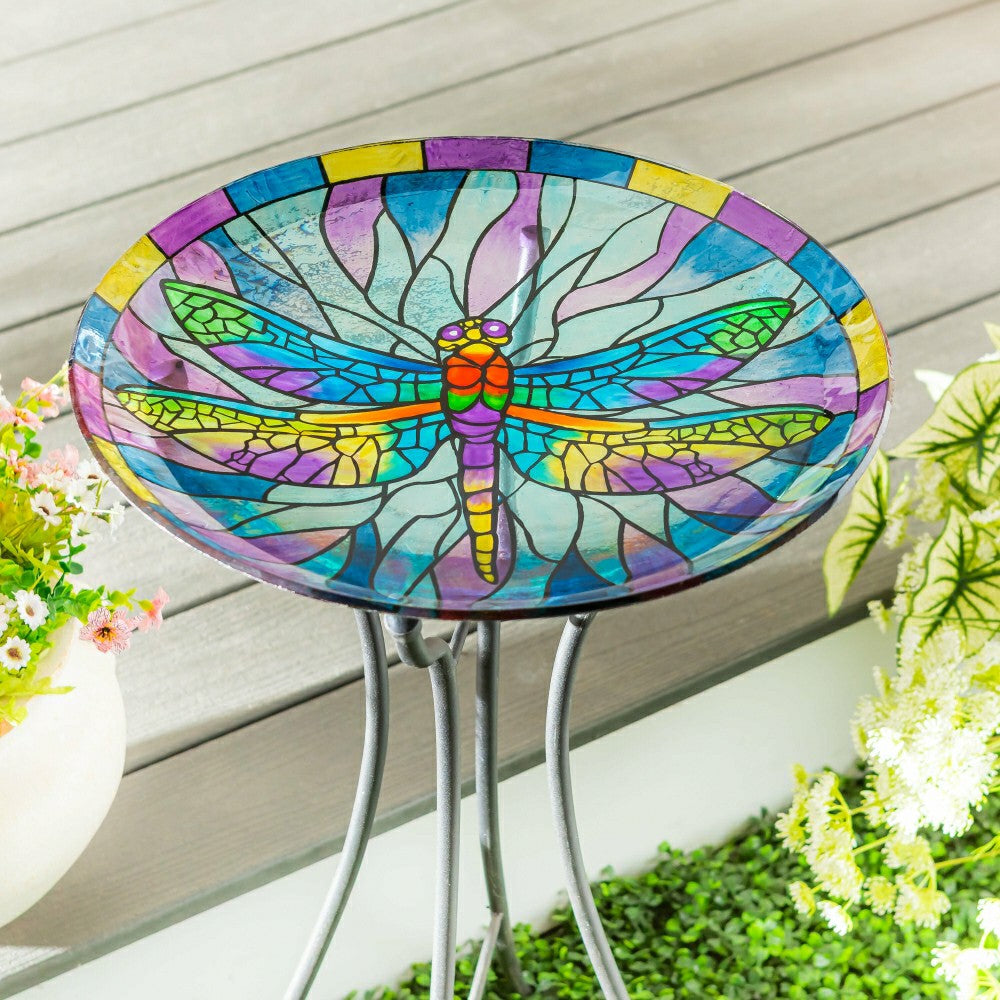 Plow & Hearth Pollinator Garden Birdbath, Stained Glass Dragonfly Birdbath, 18"