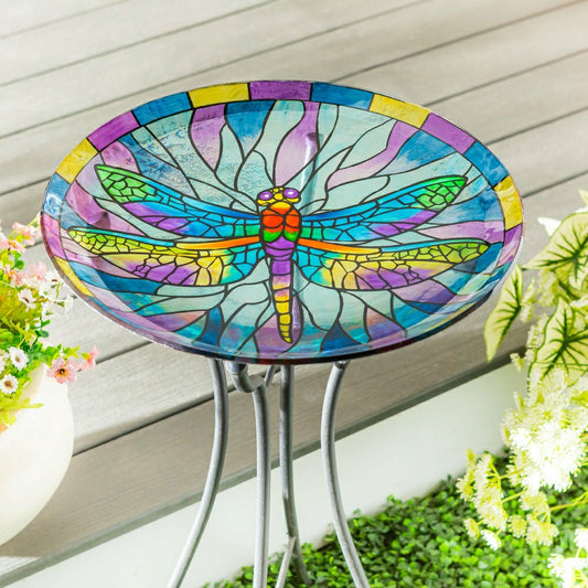 Plow & Hearth Pollinator Garden Birdbath, Stained Glass Dragonfly Birdbath, 18"