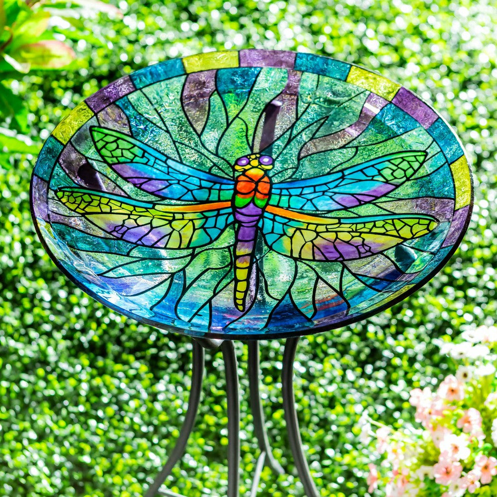 Plow & Hearth Pollinator Garden Birdbath, Stained Glass Dragonfly Birdbath, 18"