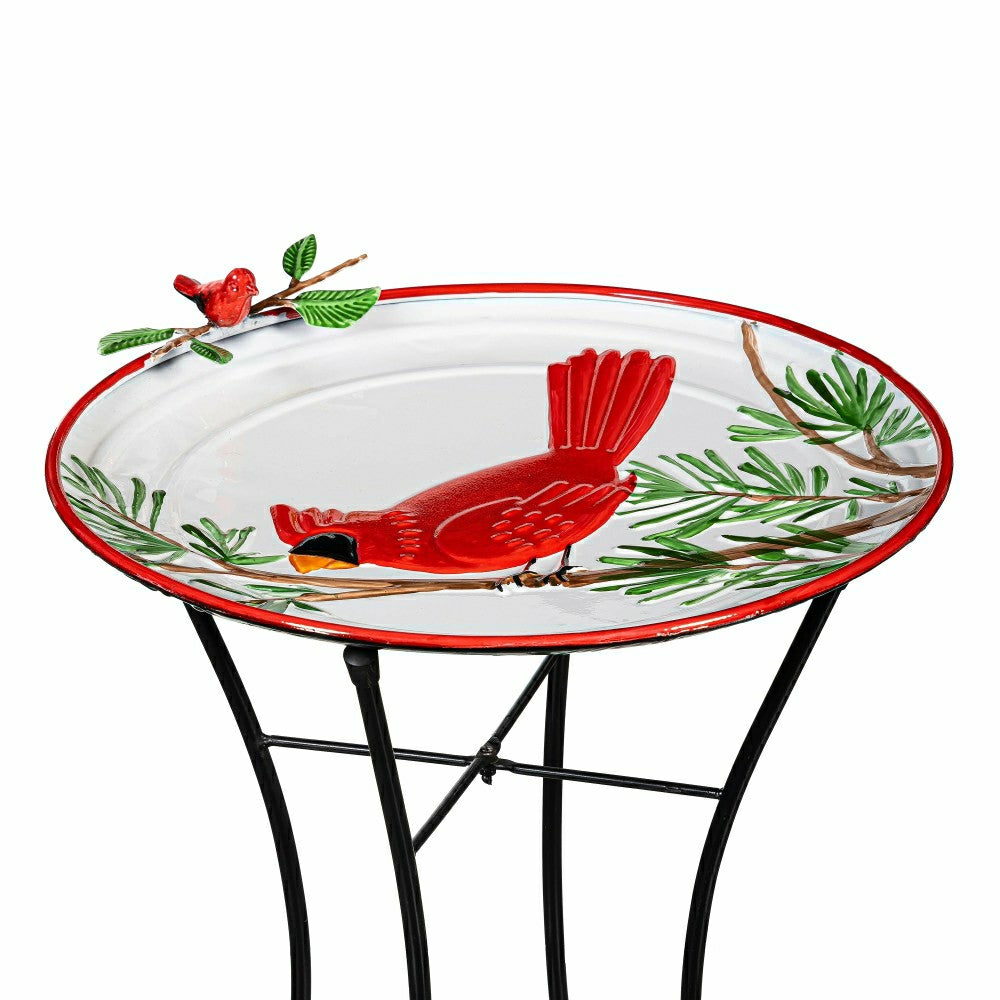 Plow & Hearth Holiday Poinsettia Birdbath, Metal Birdbath with Stand, Cardinal, 16.5