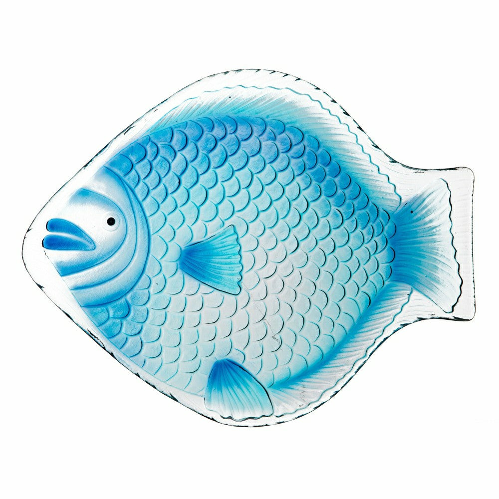 Plow & Hearth Blue Coastal Birdbath, Blue Fish Glass Birdbath, 18"