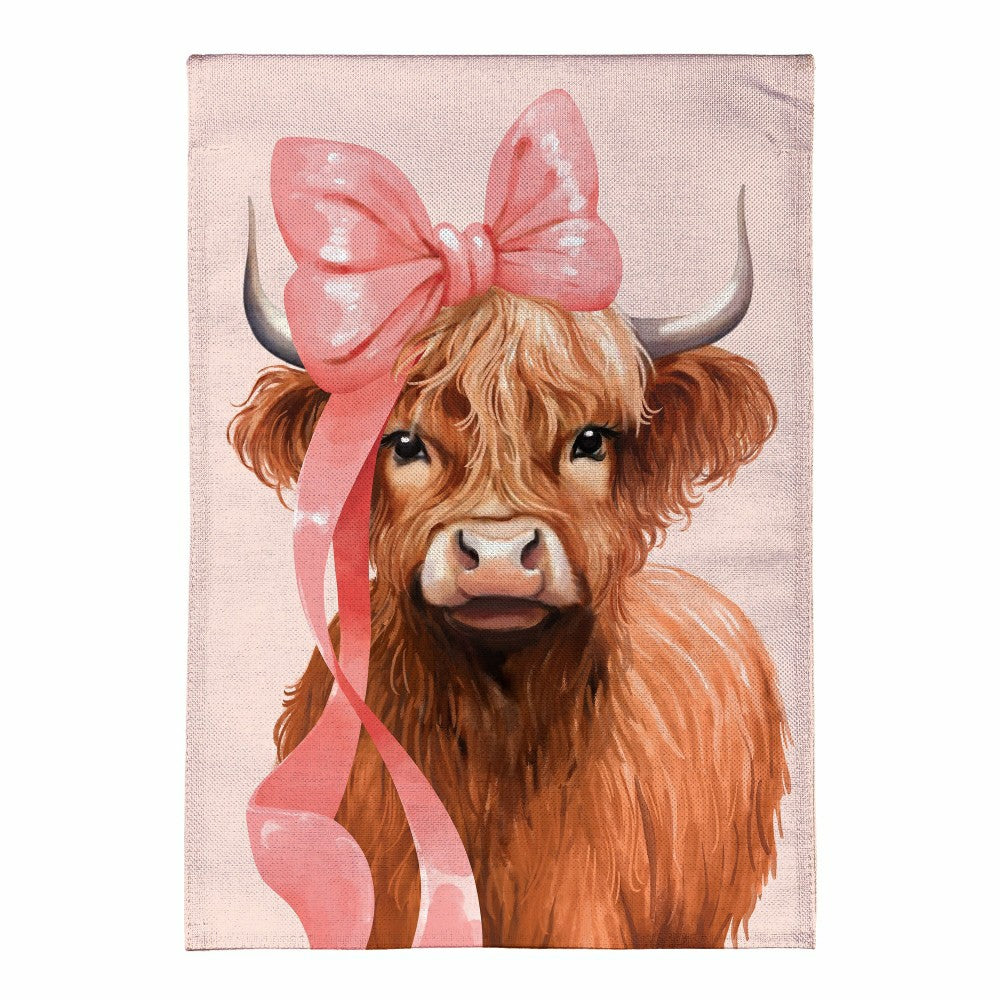 Plow & Hearth Blossom The Bowtiful Highland Cow Burlap Garden Flag