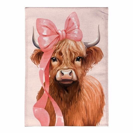 Plow & Hearth Blossom The Bowtiful Highland Cow Burlap Garden Flag