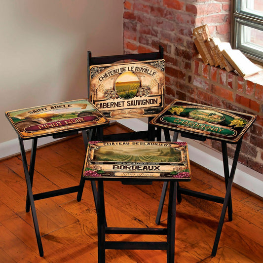 Plow & Hearth Classic Wine Label Wooden Set of 4 TV Tray Tables with Stand