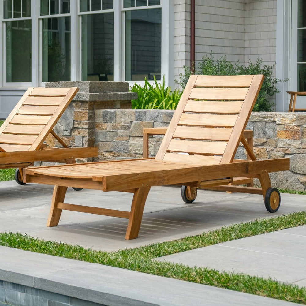 Plow & Hearth Naples Natural Teak Outdoor Sun Lounger with Adjustable Seat and Side
