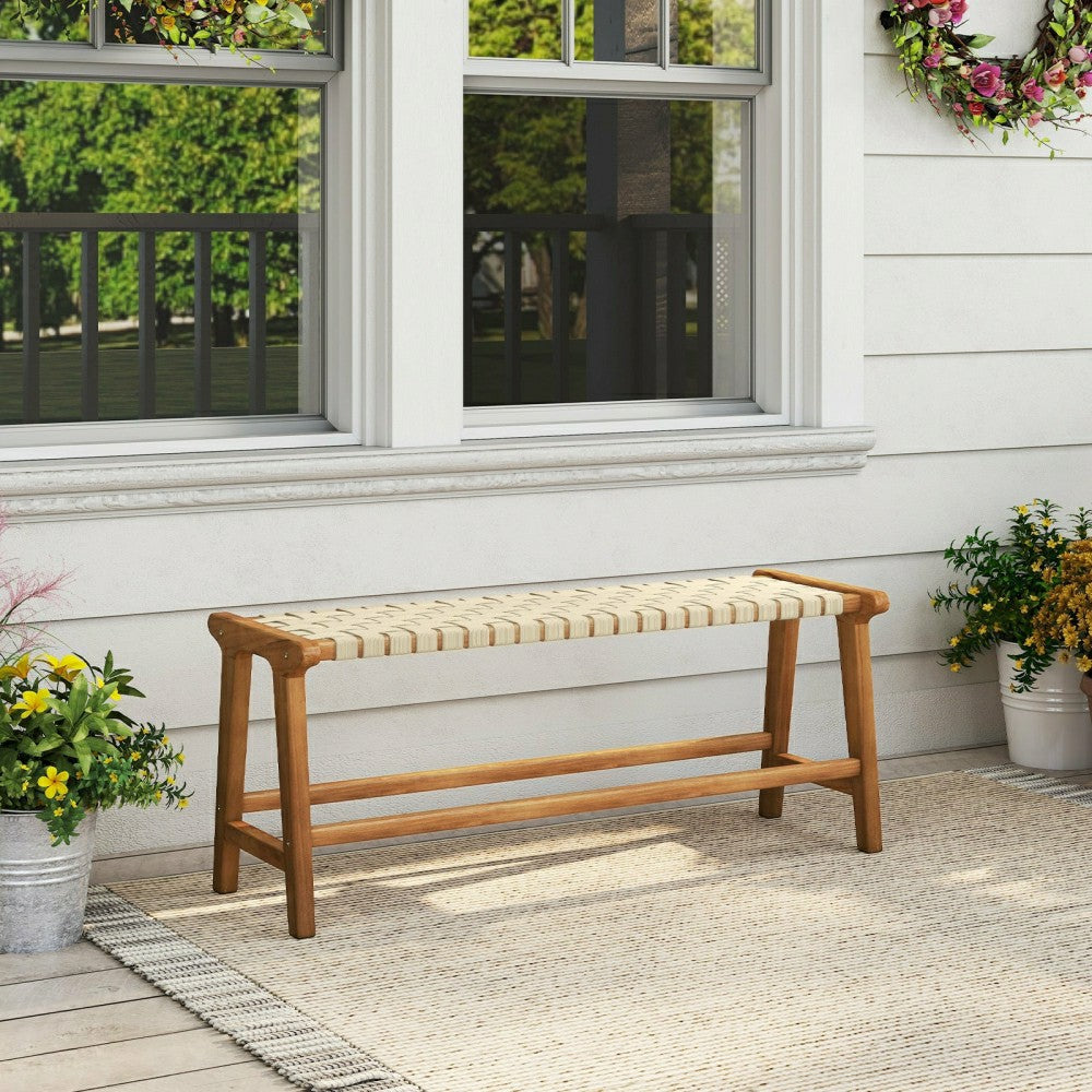 Plow & Hearth Teak Wood Patio Bench with Woven Seat