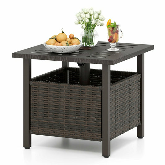 Plow & Hearth Outdoor Side Table All-Weather PE Wicker Patio Table with Umbrella Hol