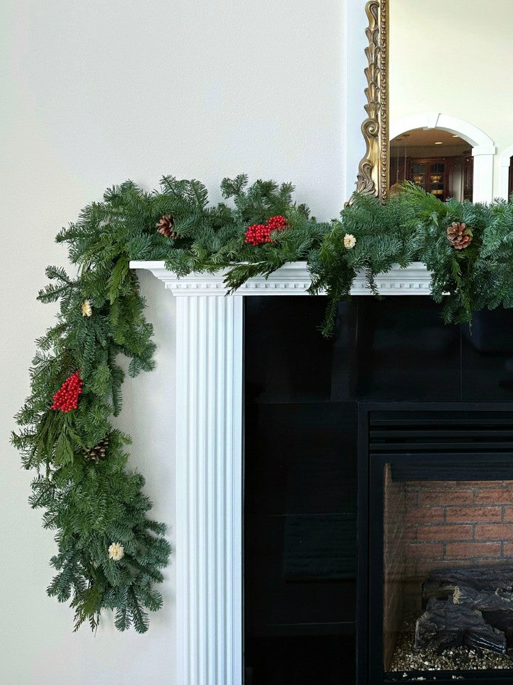 Plow & Hearth Noble Fir and Red Berries Fresh Garland, 12'