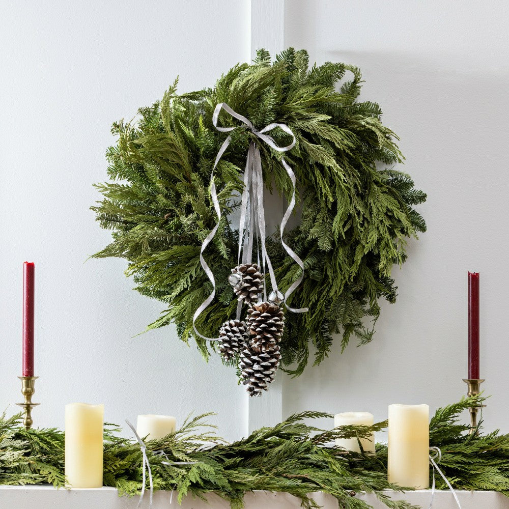 Plow & Hearth Noble Fir and Pinecone Fresh Wreath with Bells, 20"