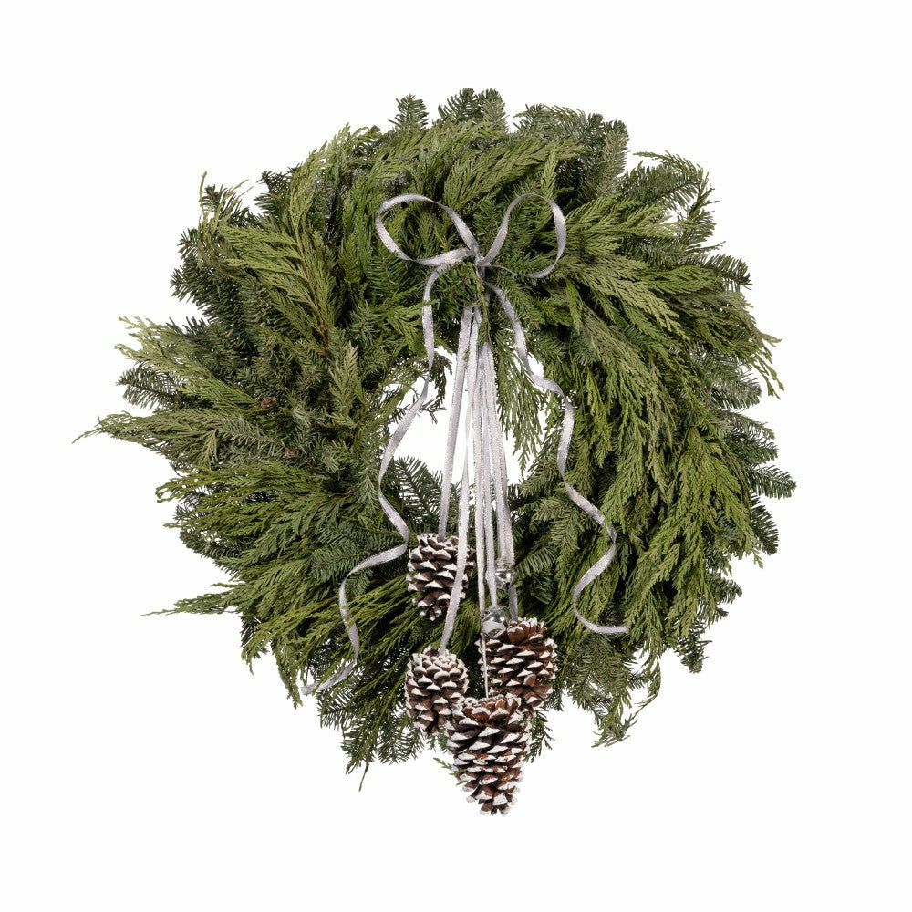Plow & Hearth Noble Fir and Pinecone Fresh Wreath with Bells, 20"