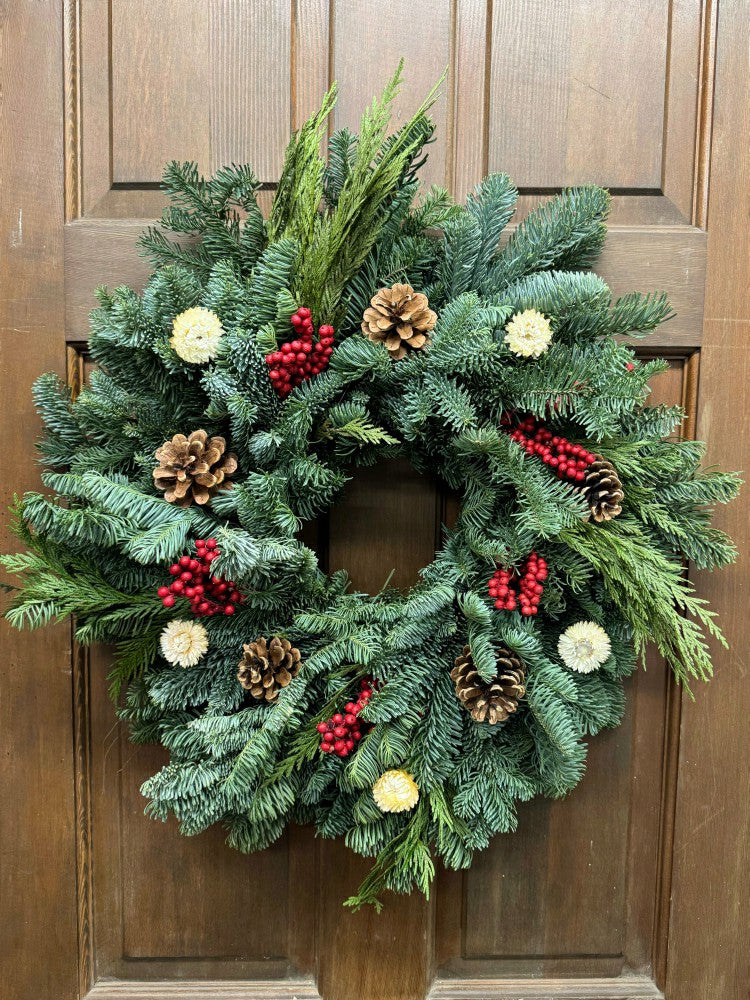 Plow & Hearth Noble Fir and Red Berries Fresh Wreath, 20"