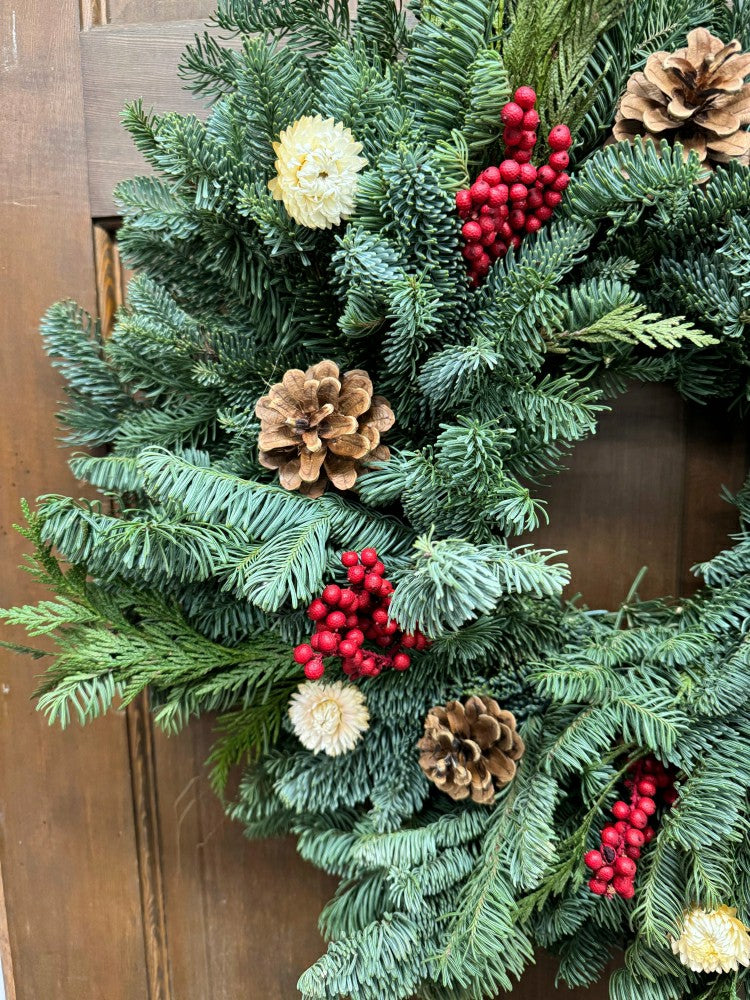 Plow & Hearth Noble Fir and Red Berries Fresh Wreath, 20"