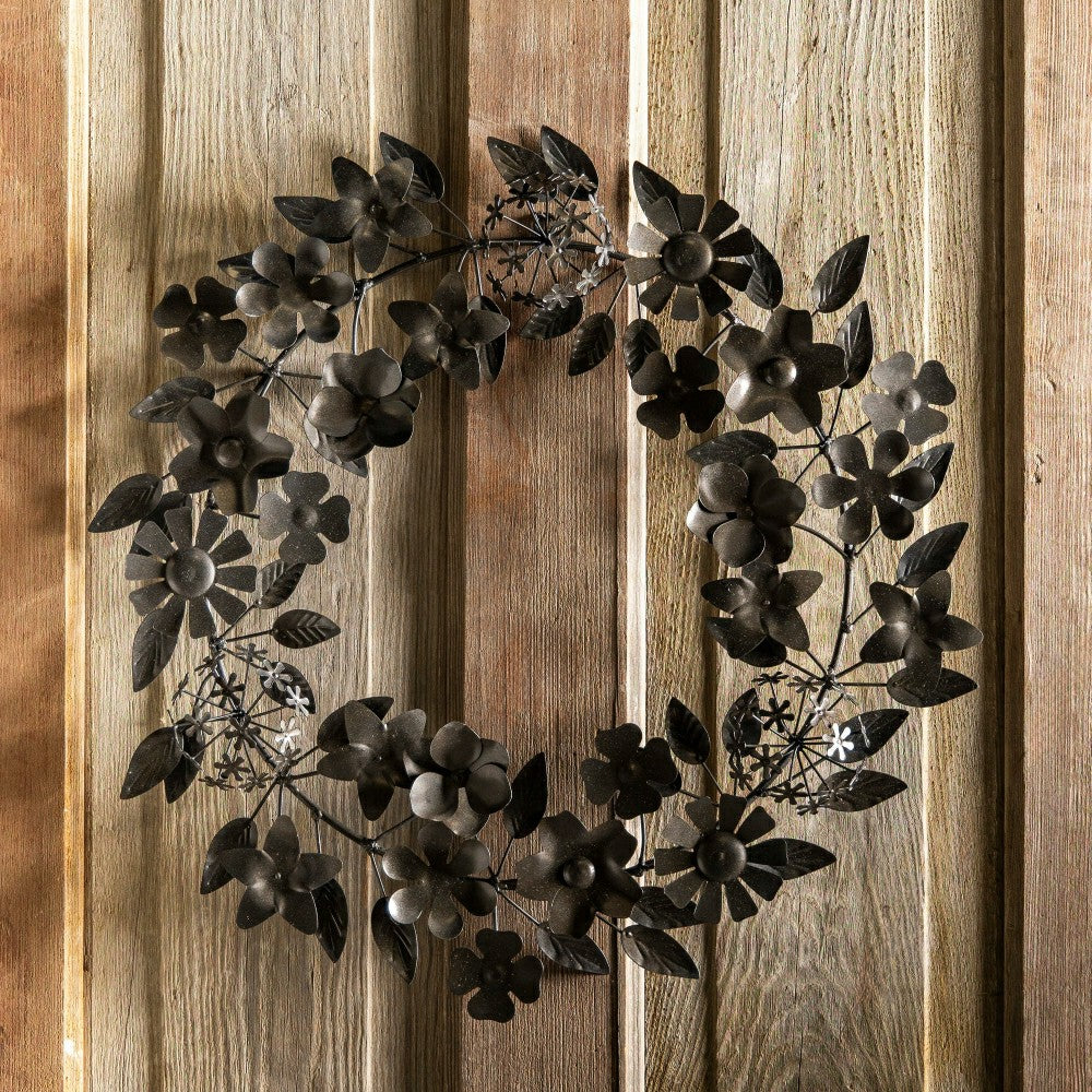 Plow & Hearth Recycled Metal Black Floral Leaf Wreath