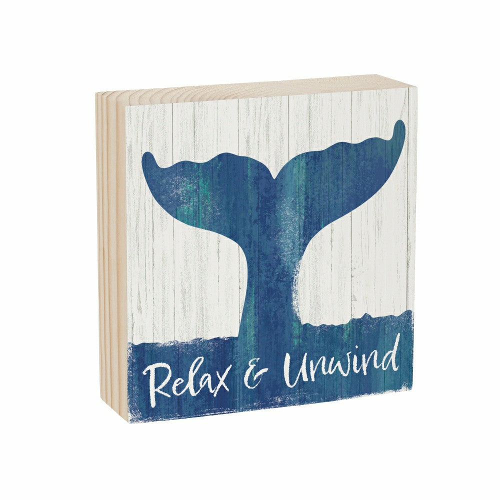 Plow & Hearth Coastal Relax Whale Sign Wood Block, 6"x6"