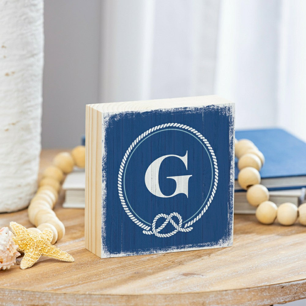 Plow & Hearth Coastal Monogram Nautical Sign Wood Block "G", 6"x6"