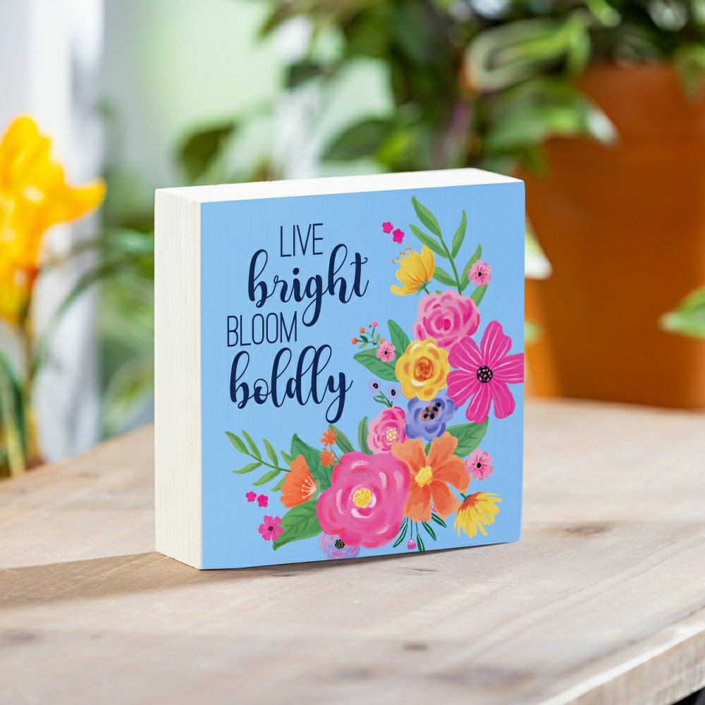 Plow & Hearth Bunny Blooms Sign Wood Block "Live Bright, Bloom Boldly", 6"x6"