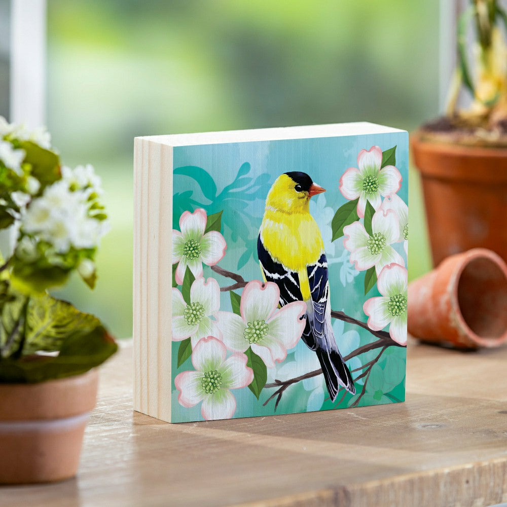 Plow & Hearth What She Shed Goldfinch Dogwood Blossoms Sign Wood Block, 6"x6"