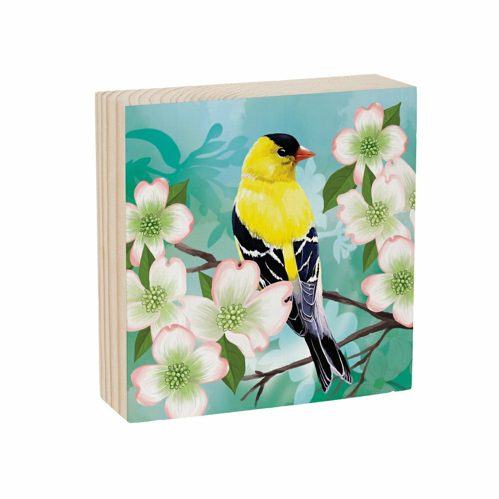 Plow & Hearth What She Shed Goldfinch Dogwood Blossoms Sign Wood Block, 6"x6"