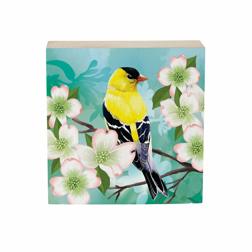 Plow & Hearth What She Shed Goldfinch Dogwood Blossoms Sign Wood Block, 6"x6"